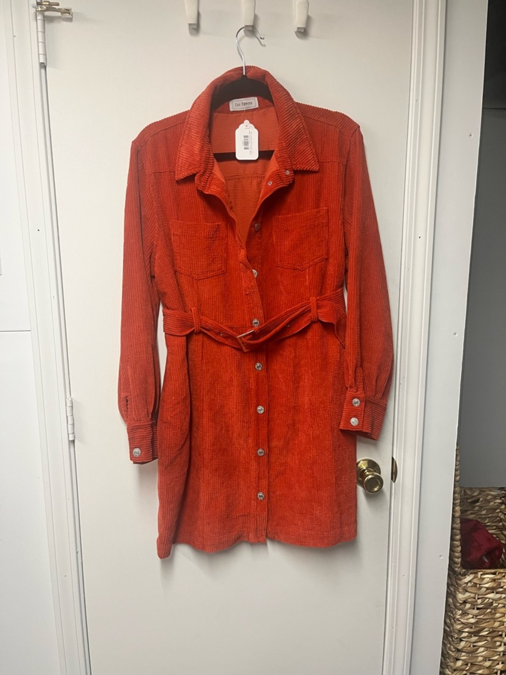 Ces Femme Corduroy Shirt Dress in Vibrant Coral